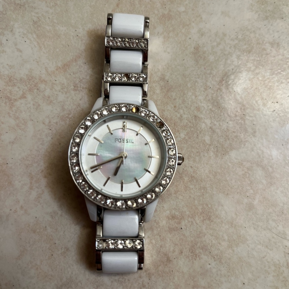 Fossil Women's White and Silver Crystal Watch